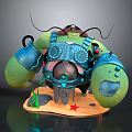 Mechanical Crab Creature With Green Body Blue Armor Sandy Base Red Star And Plants