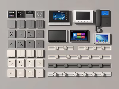 Different Design Switch Panels Featuring Gray White Colors Screens and Electrical Sockets 3d model
