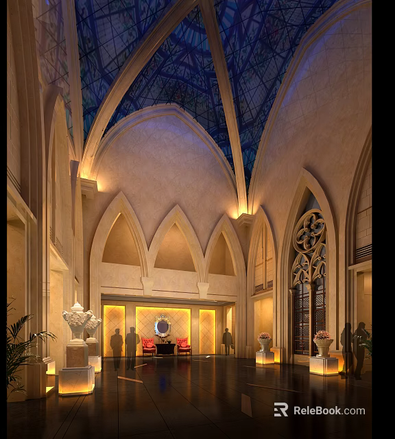 Elegant Hotel Lobby With Arched Architecture Stained Glass Dome And Decorative Lighting 3d model 