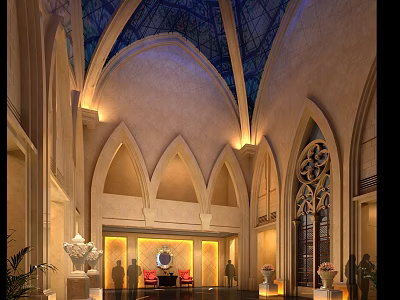 Elegant Hotel Lobby With Arched Architecture Stained Glass Dome And Decorative Lighting 3d model