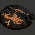 Ancient Black Vase with Intricate Orange Sculpted Mythological Figures and Winged Creatures