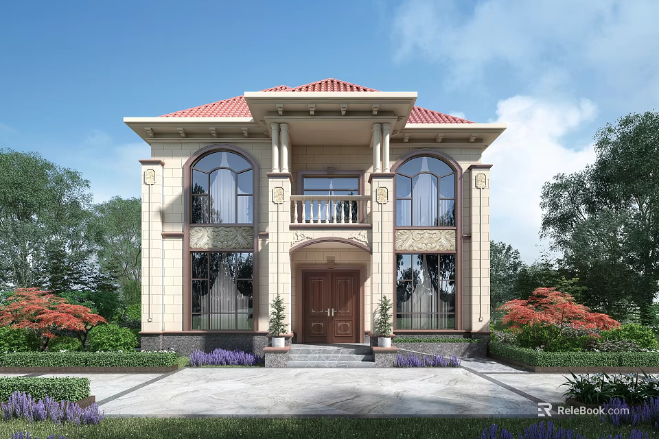 Classic Two Story Detached Villa With Red Tile Roof Arched Windows And Landscaped Garden 3d model 