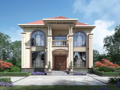 Classic Two Story Detached Villa With Red Tile Roof Arched Windows And Landscaped Garden 3d model
