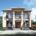 Classic Two Story Detached Villa With Red Tile Roof Arched Windows And Landscaped Garden