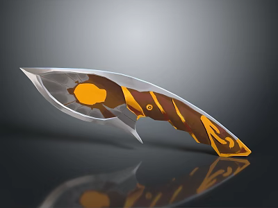 Curved Metallic Blade Knife With Orange And Brown Patterned Handle Design 3d model