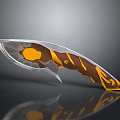 Curved Metallic Blade Knife With Orange And Brown Patterned Handle Design