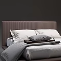 Modern Double Bed With Striped Brown Headboard White Pillows And Folded Blanket