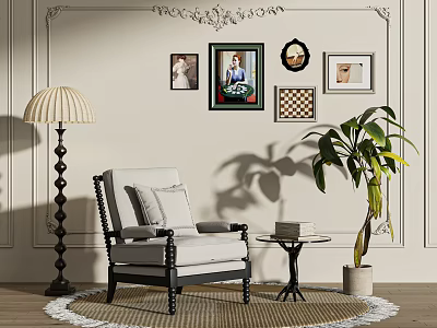 Gray Accent Chair with Armrests on Rug by Wall Art Floor Lamp and Green Plant 3d model