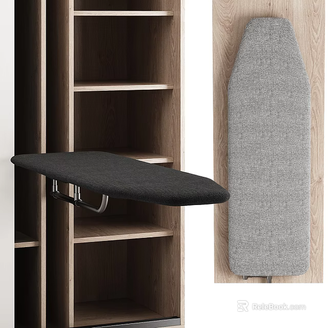 Modern Wooden Wardrobe Interior Featuring Shelves And Wall Mounted Ironing Board 3d model 