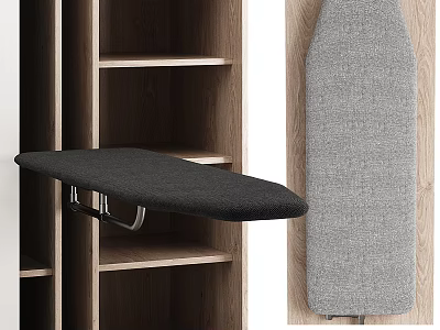 Modern Wooden Wardrobe Interior Featuring Shelves And Wall Mounted Ironing Board 3d model