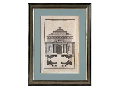 Framed Wall Decor with Black and White Architectural Building Drawing and Dark Frame 3d model