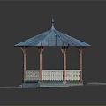 Traditional Octagonal Gazebo With Blue Roof Red Pillars And White Railings On Stone Paved Ground