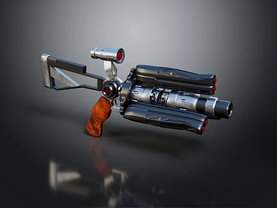 Futuristic Sci Fi Weapon with Silver Metal Body Wooden Grip Red Lights and Multiple Barrels 3d model
