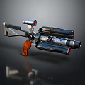 Futuristic Sci Fi Weapon with Silver Metal Body Wooden Grip Red Lights and Multiple Barrels