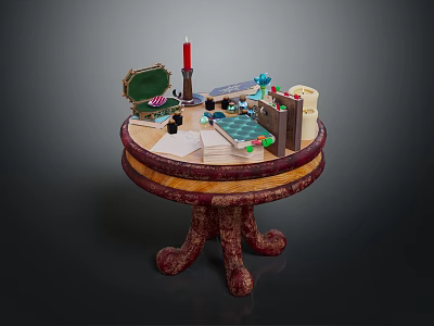 Vintage Round Wooden Table with Carved Legs and Items Like Open Box Candle Playing Cards 3d model