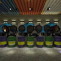 Public Restroom Interior With White Urinals Colorful Graffiti Mural And Wooden Stalls