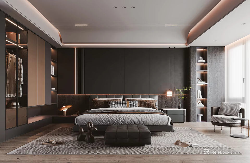 Modern Bedroom Interior With Dark Wall Large Bed Nightstand Area Rug And Bookshelves 3d model 
