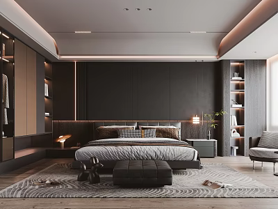Modern Bedroom Interior With Dark Wall Large Bed Nightstand Area Rug And Bookshelves 3d model