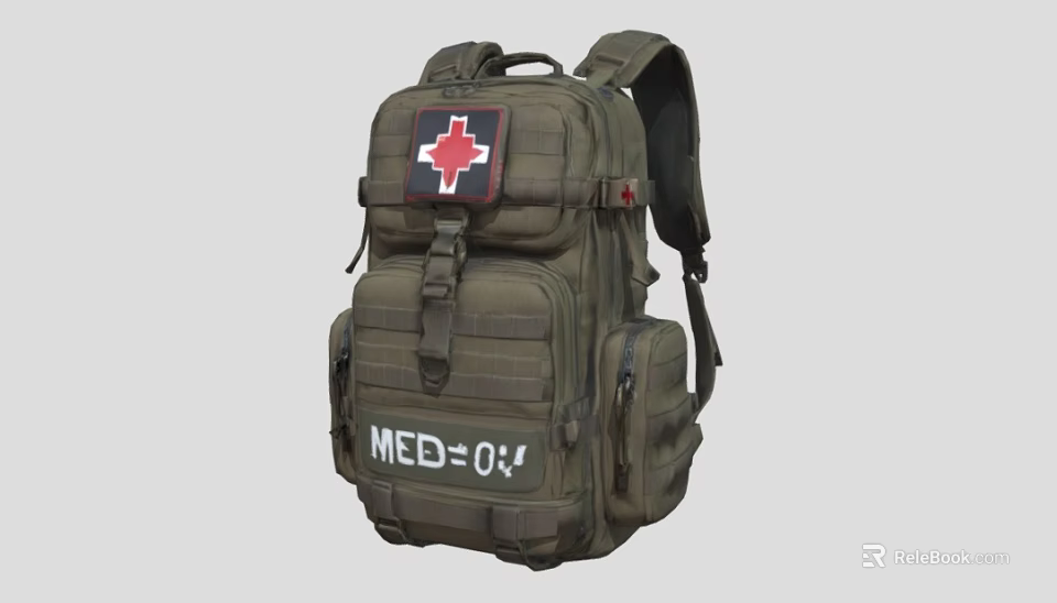 Olive Green Tactical Military Backpack With Red Cross Emblem And MED01 Label 3d model 