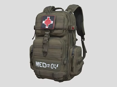 Olive Green Tactical Military Backpack With Red Cross Emblem And MED01 Label 3d model