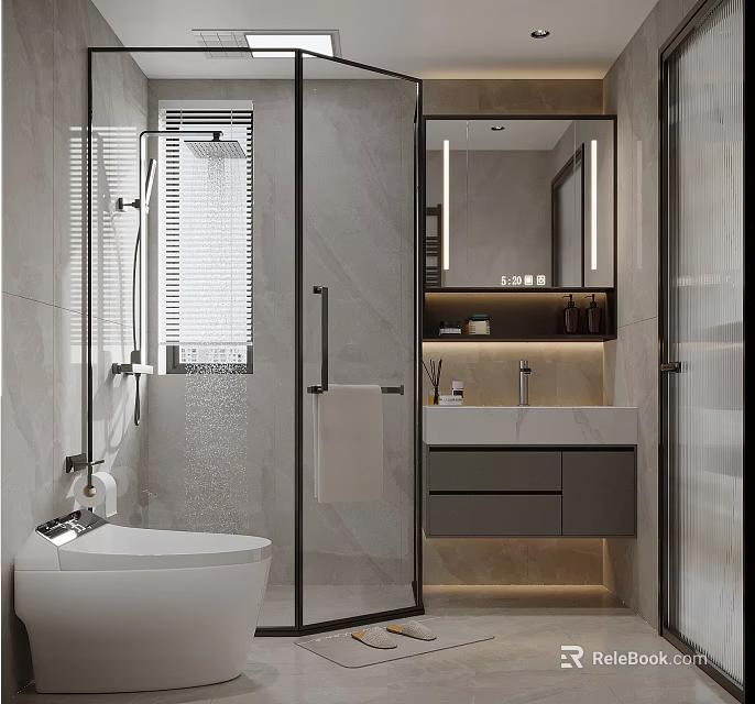 Elegant Modern Bathroom Interior With Glass Shower Enclosure Vanity Mirror And Lighting 3d model 