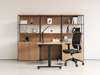 Modern Study Room Interior With Wooden Bookshelf Desk And Office Chair 3d model