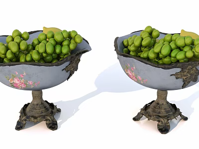 Green Fruits in Decorative Metal Bowls with Pink Floral Accents on Pedestal Stand 3d model