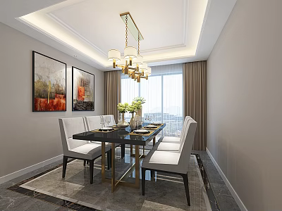 Elegant Dining Room Interior With Black Table White Chairs Golden Chandelier And Wall Artworks 3d model