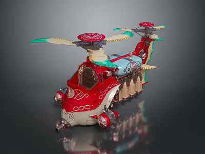 Colorful Red Green Toy Helicopter With Decorative Propellers And Intricate Design 3d model
