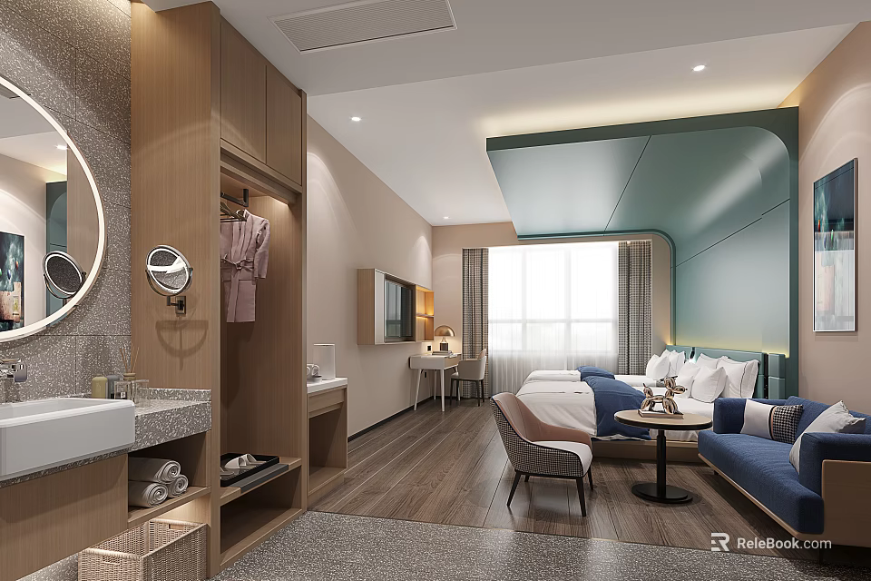 Modern Hotel Room Interior With Wooden Furniture Blue Accents Bed Sofa And Work Desk 3d model 
