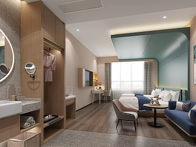 Modern Hotel Room Interior With Wooden Furniture Blue Accents Bed Sofa And Work Desk 3d model