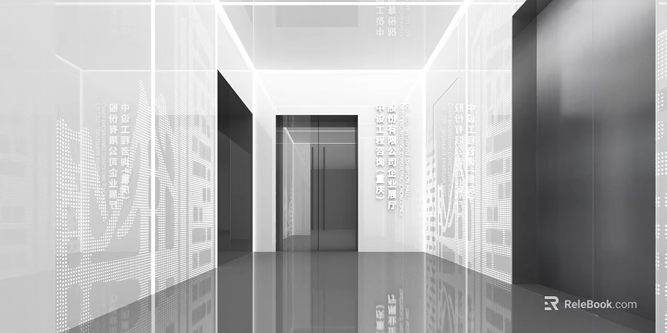 Modern Exhibition Hall Interior With Glass Doors Illuminated Walls And Shiny Reflective Floor 3d model 