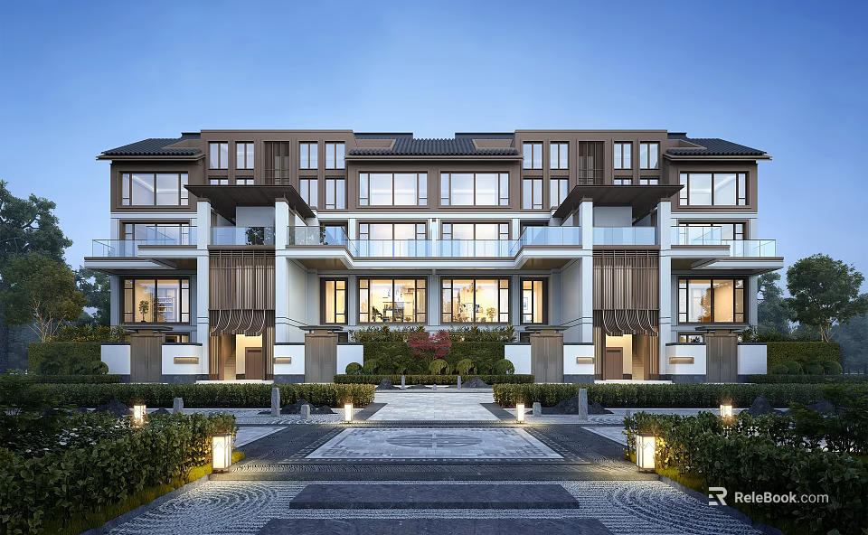 Modern Detached Villa Exterior With Large Windows Multiple Floors Front Courtyard And Outdoor Lighting 3d model 