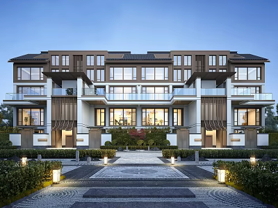 Modern Detached Villa Exterior With Large Windows Multiple Floors Front Courtyard And Outdoor Lighting 3d model