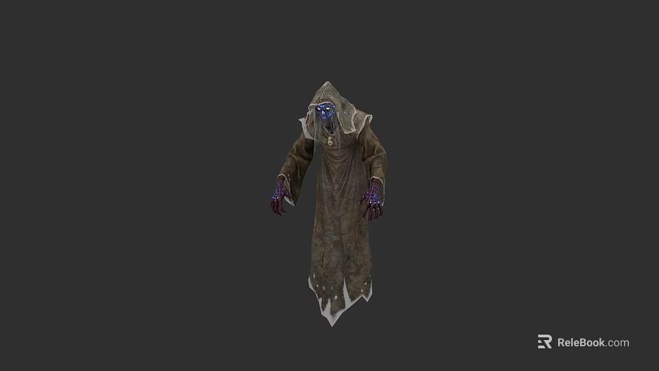 Mysterious Hooded Undead Sorcerer With Glowing Blue Eyes And Purple Hands In Tattered Robe 3d model 