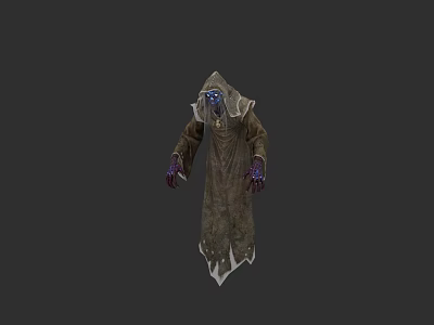 Mysterious Hooded Undead Sorcerer With Glowing Blue Eyes And Purple Hands In Tattered Robe 3d model