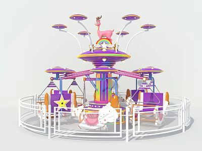 Colorful Rotating Amusement Ride With Animal Decor And White Safety Fence 3d model
