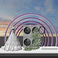 Easette Appliance Display With White Wedding Dress Purple Flower Garland And Sunset Sky
