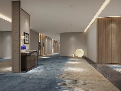 Hotel Corridor Interior Design With Blue Carpet Wooden Panels And Modern Lighting Fixtures 3d model