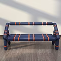 Navy Blue Public Bench With Orange Stripes And Tubular Structure On Wooden Floor Against Wall