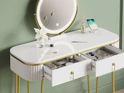 Decorative Ornament Set with White Dressing Table Gold Accents Round Mirror and Open Drawer Accessories 3d model