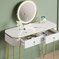 Decorative Ornament Set with White Dressing Table Gold Accents Round Mirror and Open Drawer Accessories