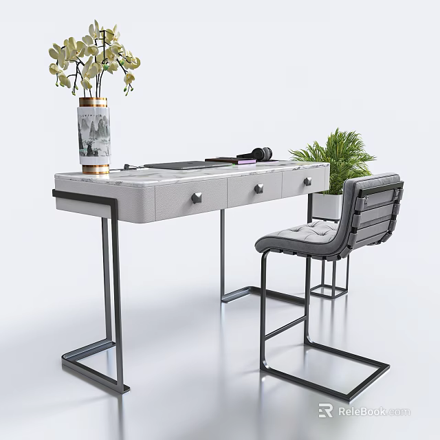 Modern Writing Desk With Drawers Vase Potted Plant And Comfortable Chair 3d model 