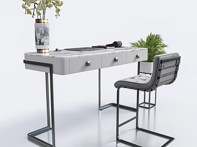 Modern Writing Desk With Drawers Vase Potted Plant And Comfortable Chair 3d model