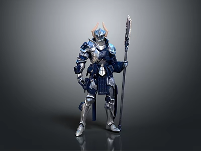 Blue And Silver Samurai Figurine With Detailed Armor Holding Long Spear 3d model