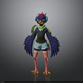 Colorful Cartoon Bird Character With Purple Head Blue Wings Green Scarf And Black Top