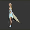 Anime Style Blonde Female Character with Cat Ears in Blue White Outfit and Flowing Sleeves