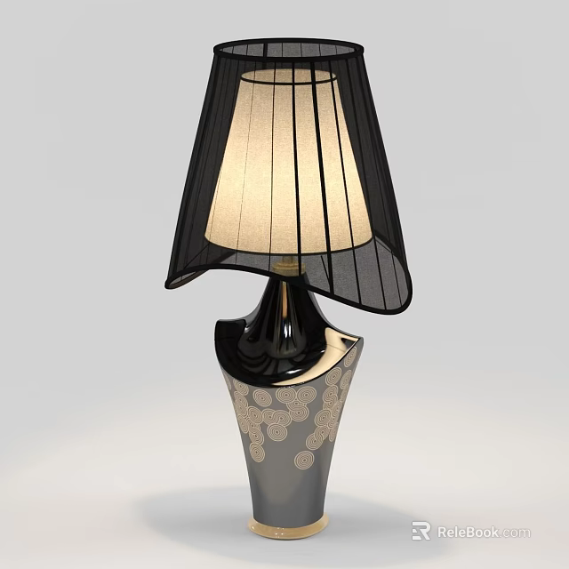 Elegant Modern Table Lamp with Black Striped Lampshade and Gray Base with Circular Patterns 3d model