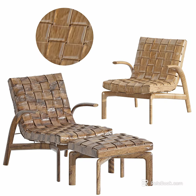Woven Design Wooden Lounge Chair with Armrests and Matching Ottoman 3d model 