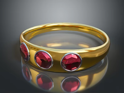 Elegant Stylish Golden Ring Featuring Three Red Gemstones For Fashion Accessories 3d model